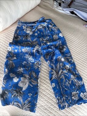J Crew Pull-on Blue Tropical Print Wide-Leg Pants